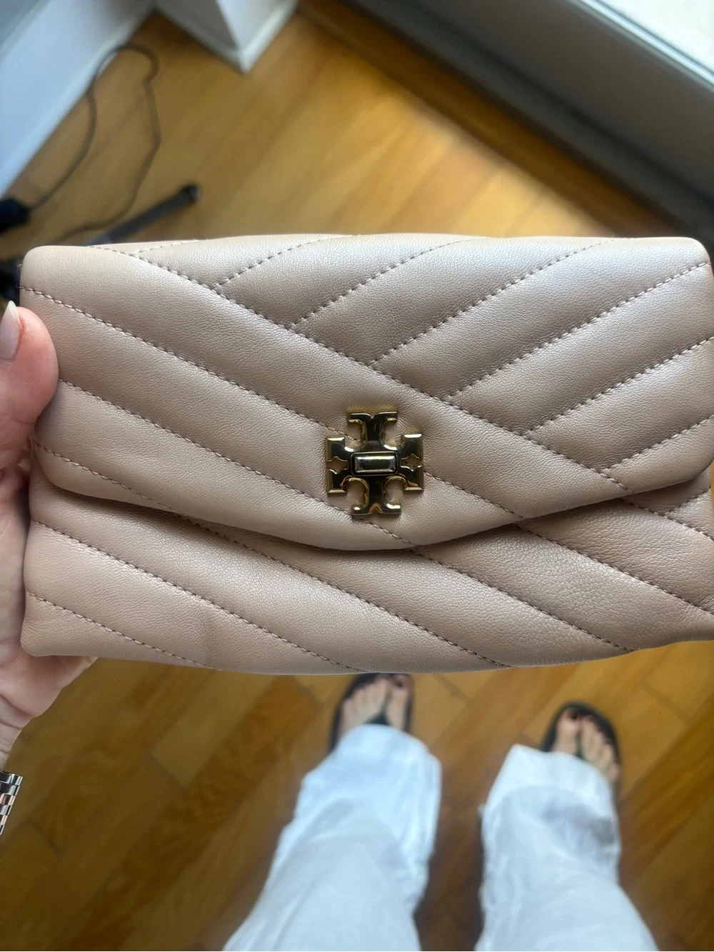 Tory Burch Quilted Crossbody Bag in Tan with Gold Logo